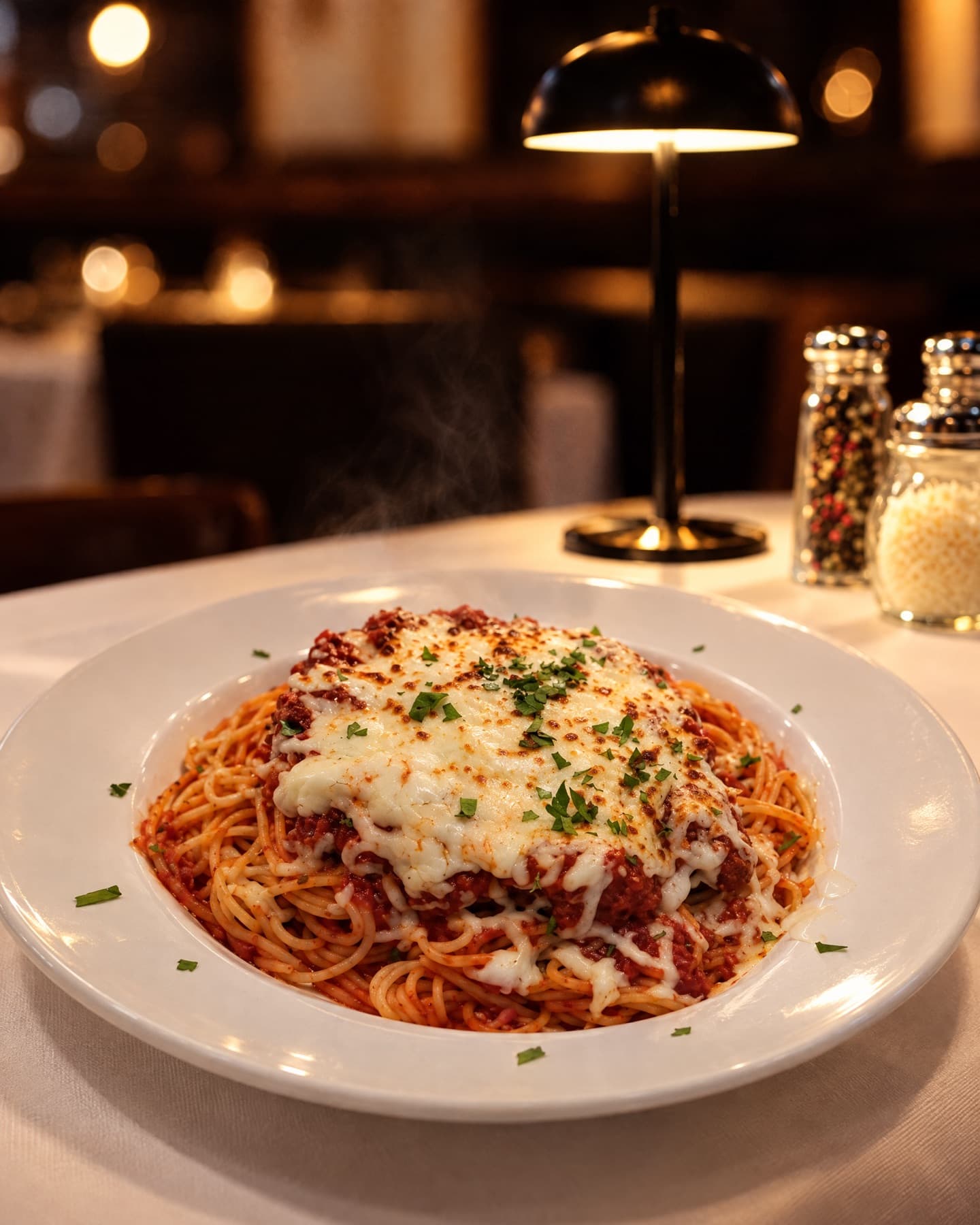Spaghetti with house meat sauce and melted cheese at a lamp-lit table in the dining room