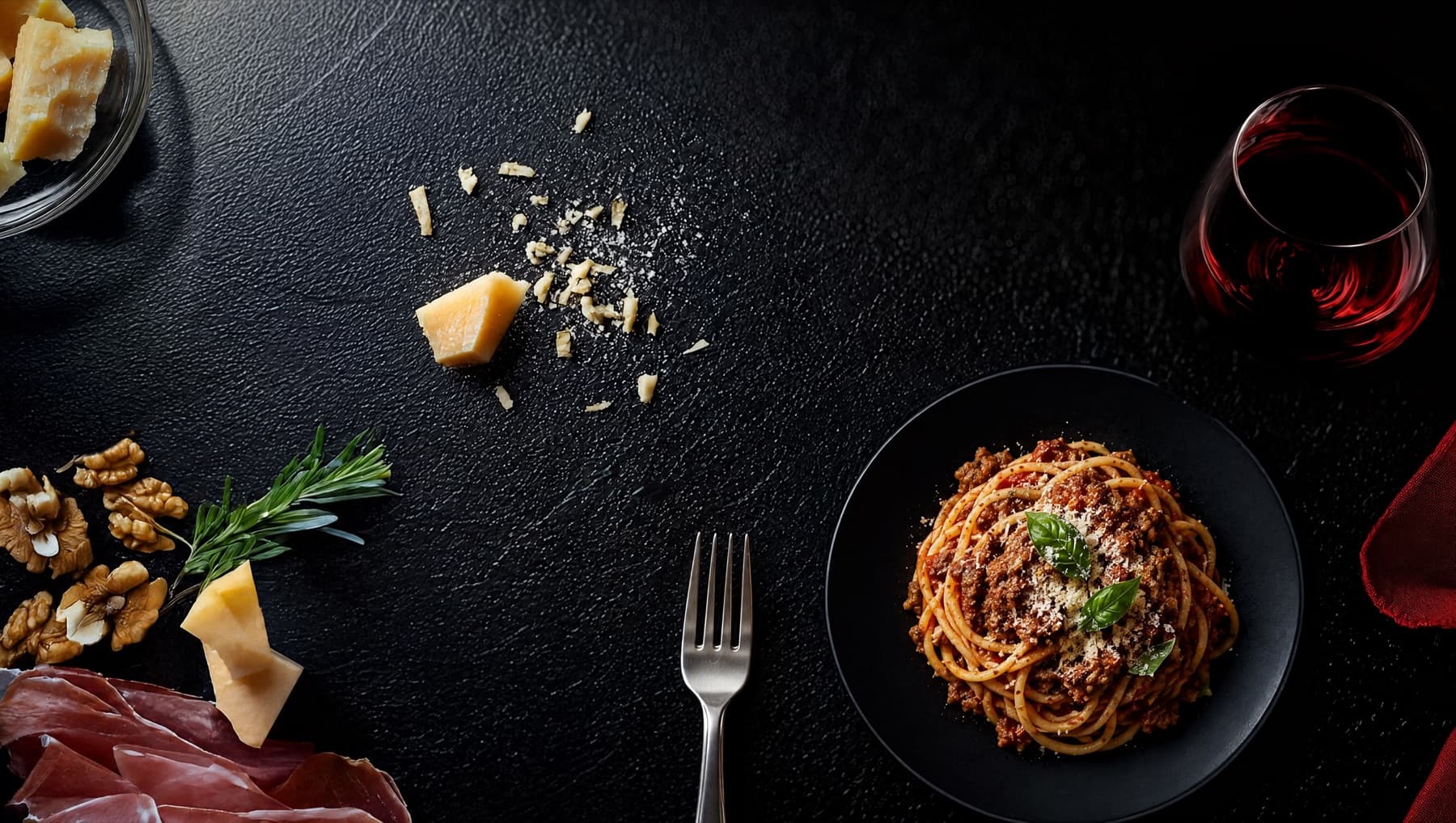 Overhead view of spaghetti with meat sauce on a black plate, a fork, parmesan, walnuts, rosemary, prosciutto and a glass of red wine on dark slate